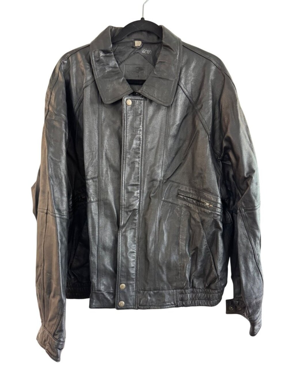 Mens Genuine Leather Black Jacket L Outdoor Exchange With Zipper & Snap Closures